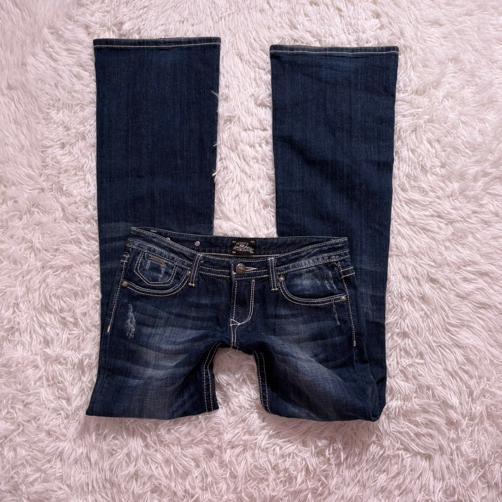 y2k dark wash low rise boot cut flare wide leg embroidered jeans size 4